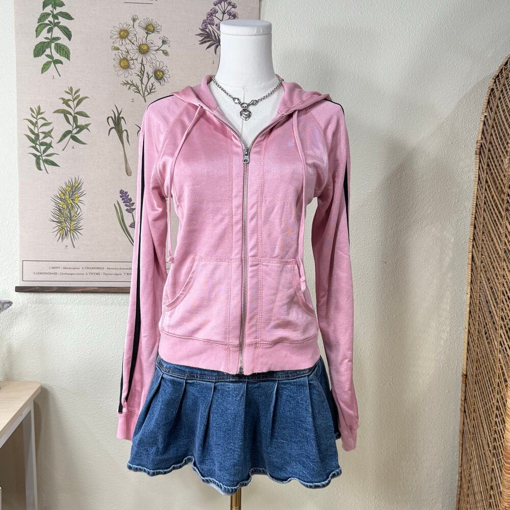 Y2k Pink Striped Arm Full Zip Hoodie Track Jacket Bratz Trashy McBling Preppy S